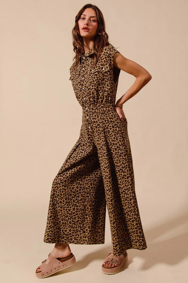 So Me Wide Leg Leopard Twill Overalls Jumpsuit With Tuck