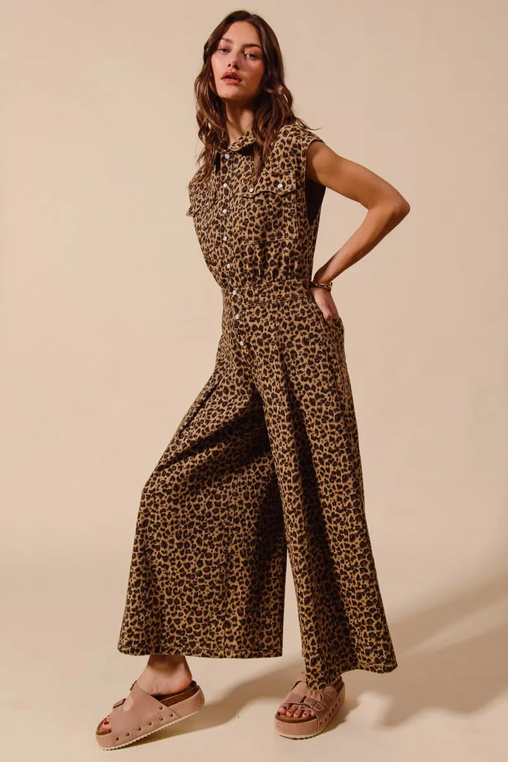 So Me Wide Leg Leopard Twill Overalls Jumpsuit With Tuck