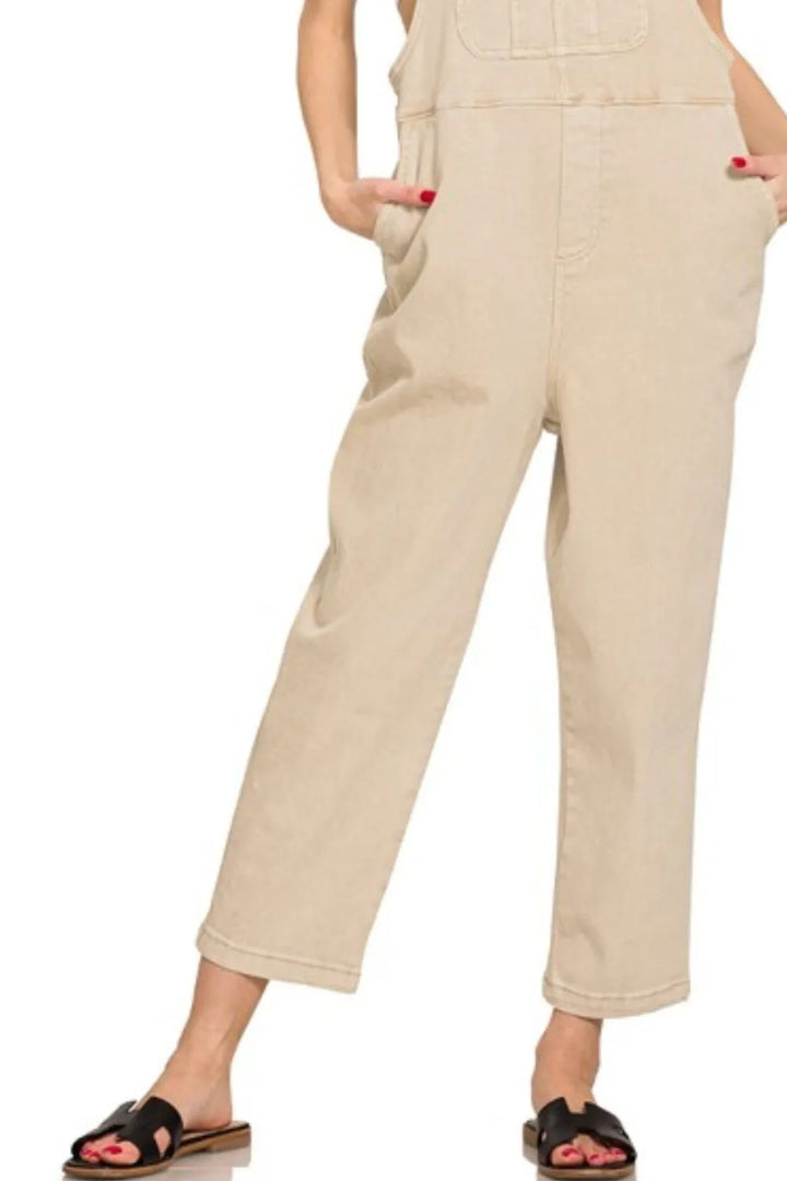 Sand Beige Zenana Washed Knot Strap Relaxed Fit Overalls 2