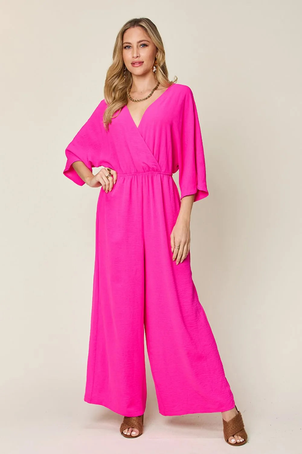 Hot Pink Double Take Full Size Surplice Wide Leg Jumpsuit With Pockets