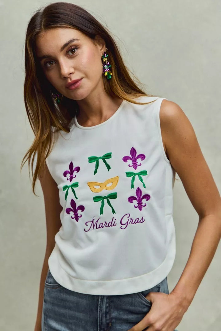 Ivory So Me Mardi Gras Fleur De Lis And Ribbon Embroidered Top