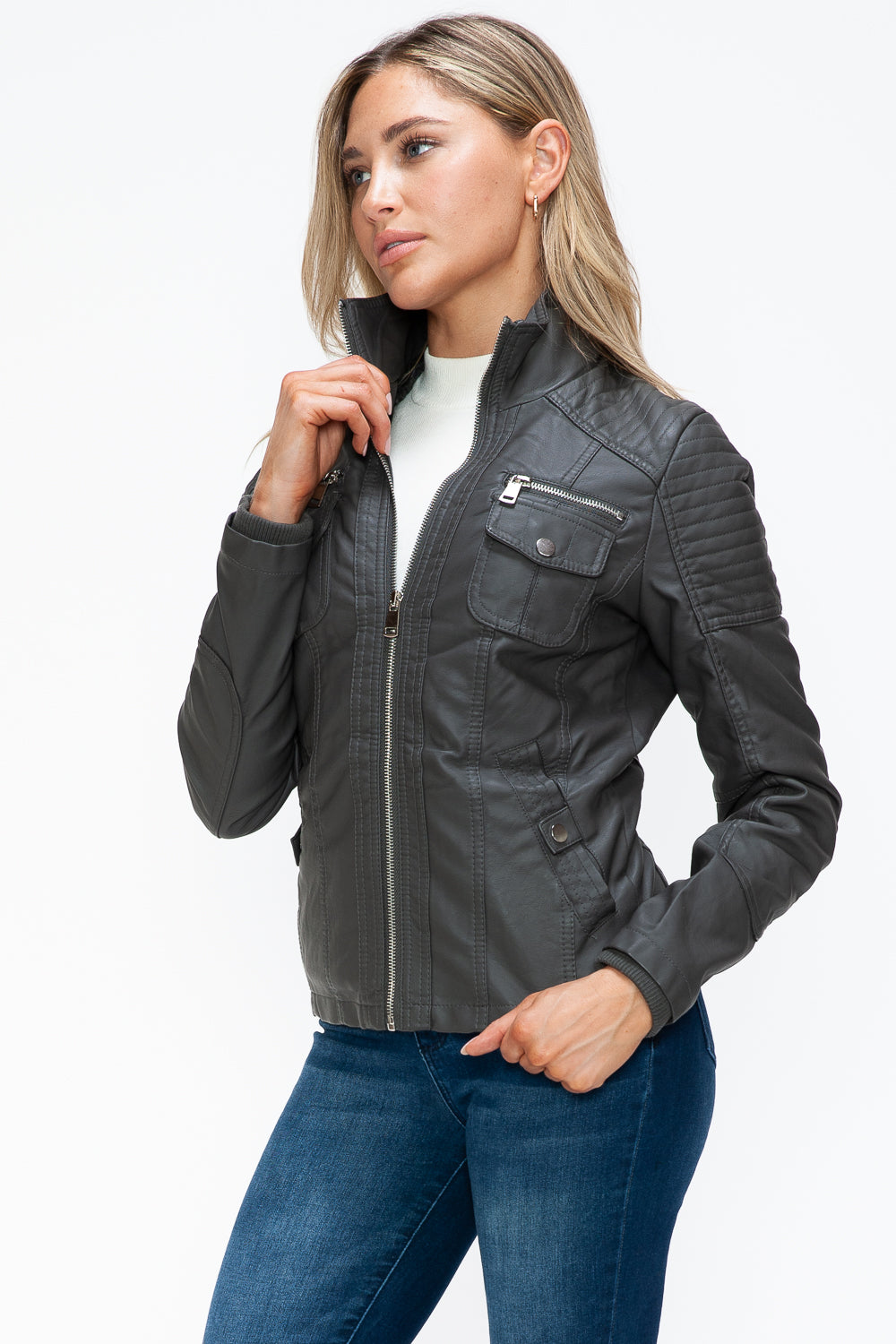 Ymi Removable Faux Layered Multi Pocket Jacket With Fuzzy Hood 1