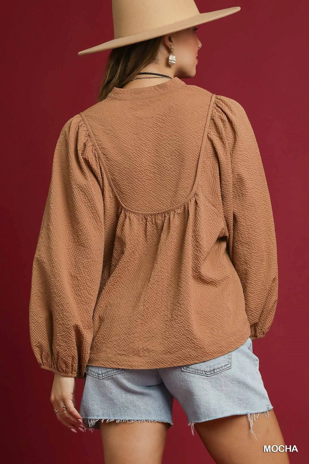 Mocha Umgee Textured Notched Blouse With Balloon Sleeves 1