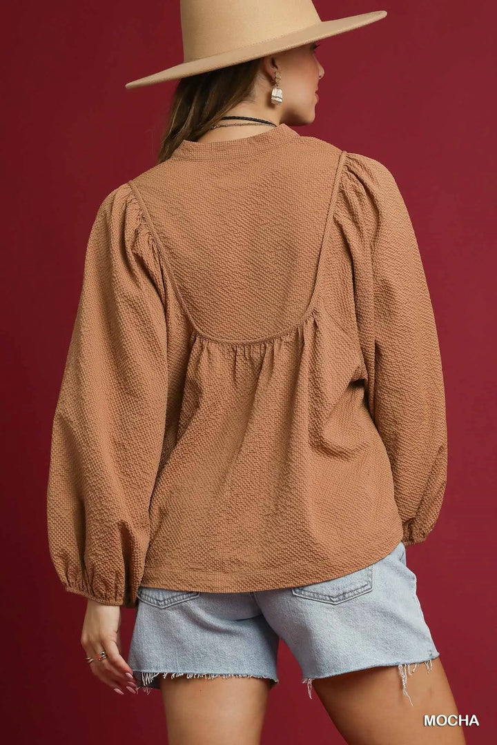 Mocha Umgee Textured Notched Blouse With Balloon Sleeves 1