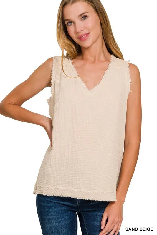 Sand Beige Zenana Double Gauze Raw Edge V Neck Tank