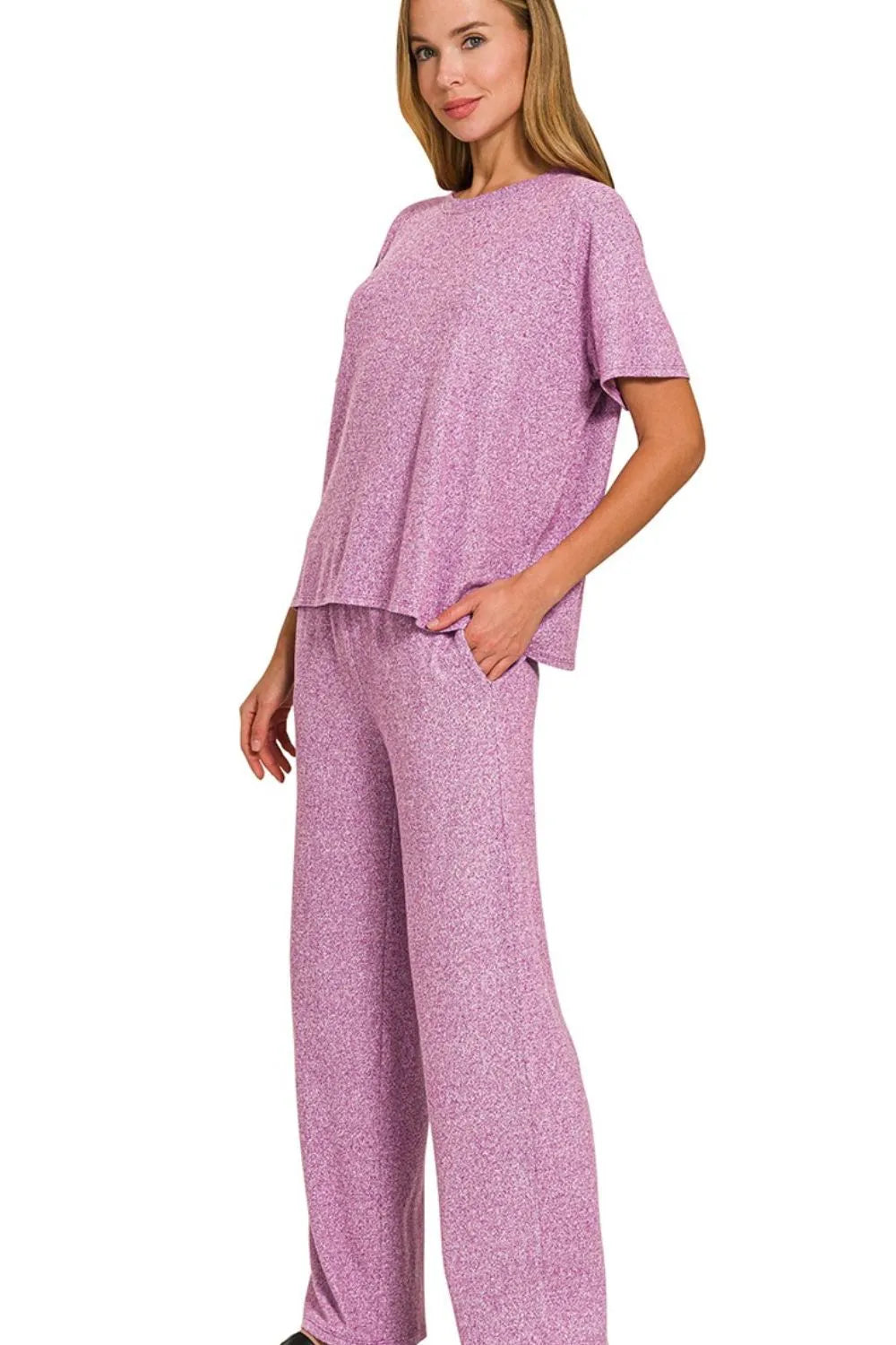 Lt Plum Zenana Soft Melange Short Sleeve Tee Long Pants Set 2