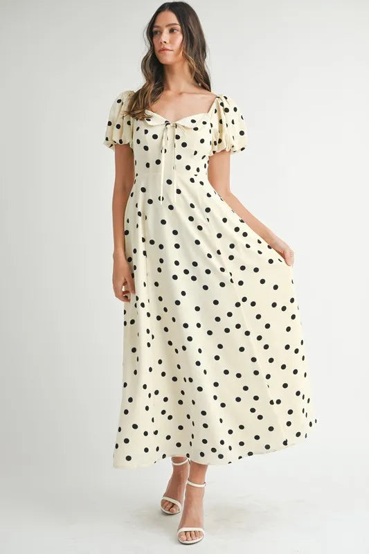 Cream Mable Polka Dot Puff Sleeve Midi Dress