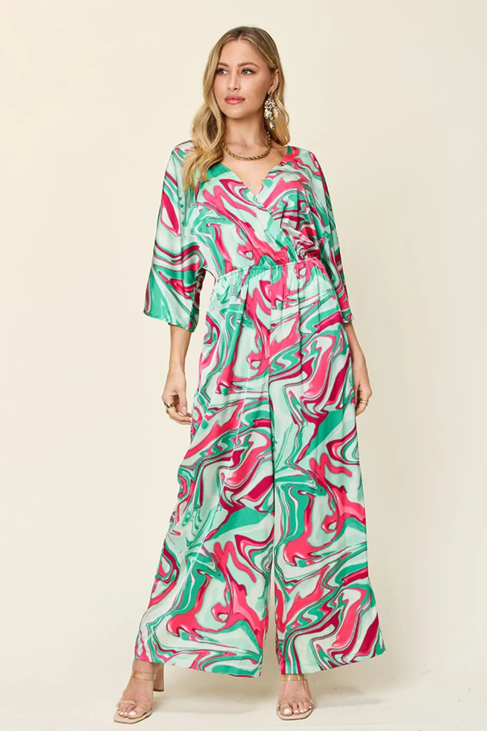Green Double Take Full Size Half Sleeve Wide Leg Jumpsuit