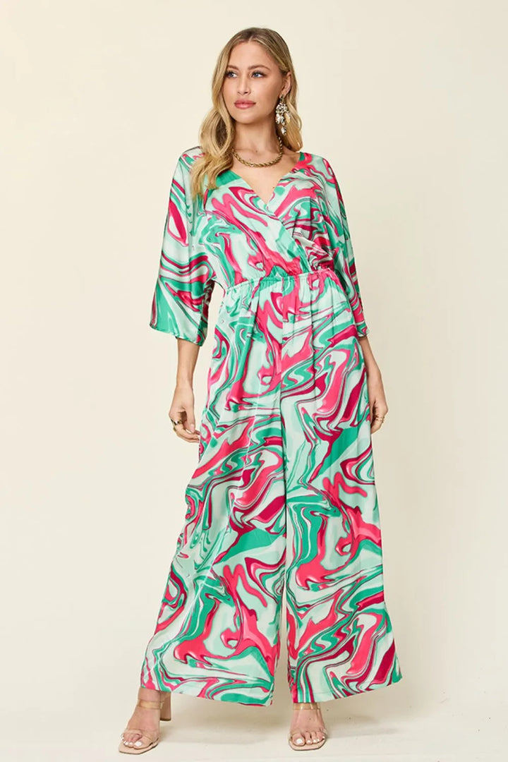 Green Double Take Full Size Half Sleeve Wide Leg Jumpsuit