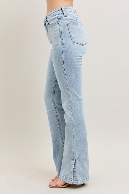 Light Judy Blue Full Size Tummy Control Vintage Wash Side Slit Slim Boot Jeans Plus Size