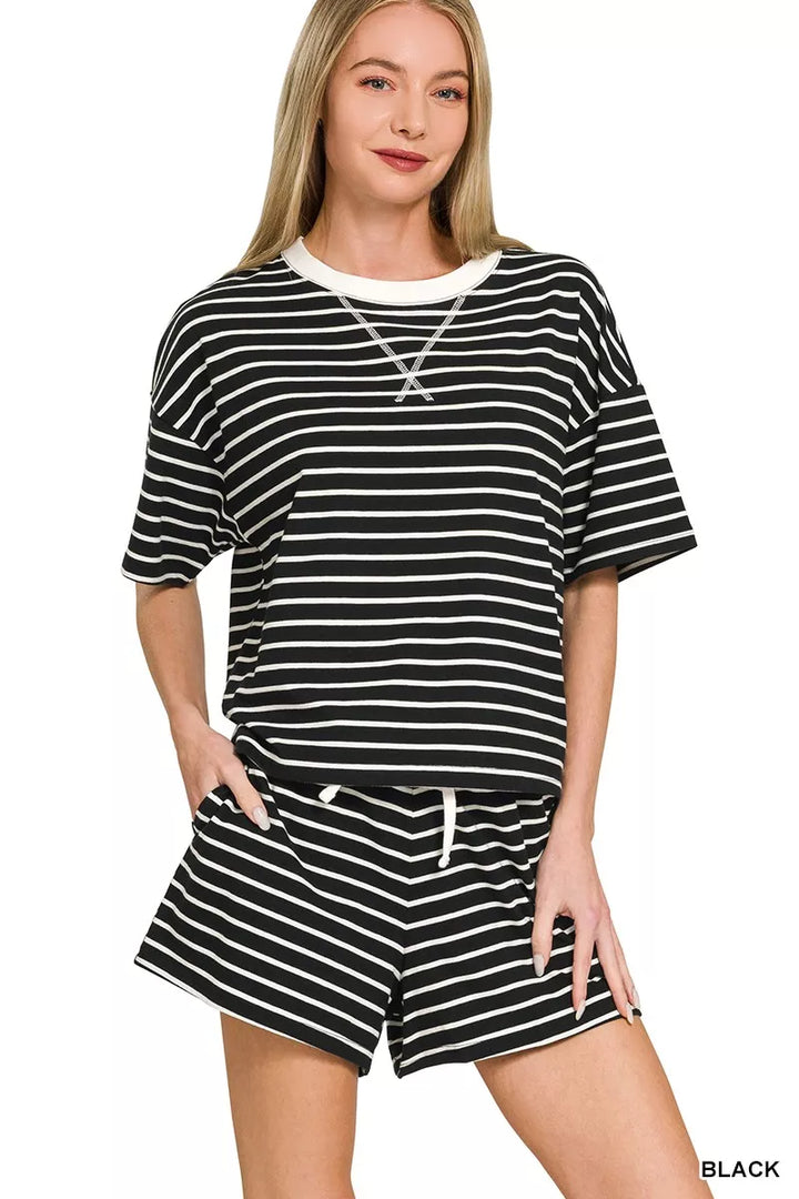 Black Zenana Striped Round Neck Tee Shorts Set