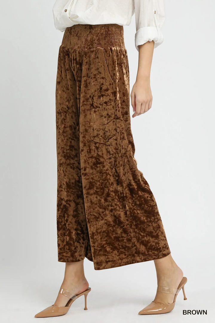 Brown Umgee Velvet Smocked Waistband Wide Leg Pants