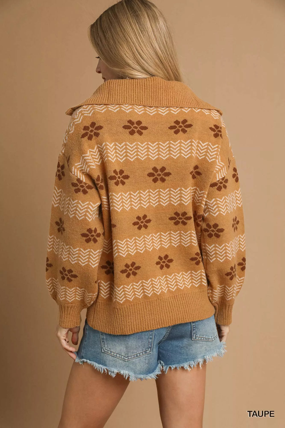 Taupe Umgee Floral Patterned Jacquard Quarter Zip Pullover Sweater