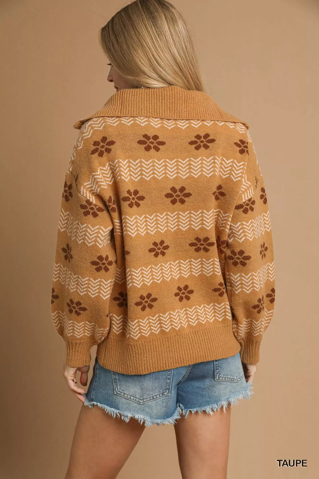 Taupe Umgee Floral Patterned Jacquard Quarter Zip Pullover Sweater
