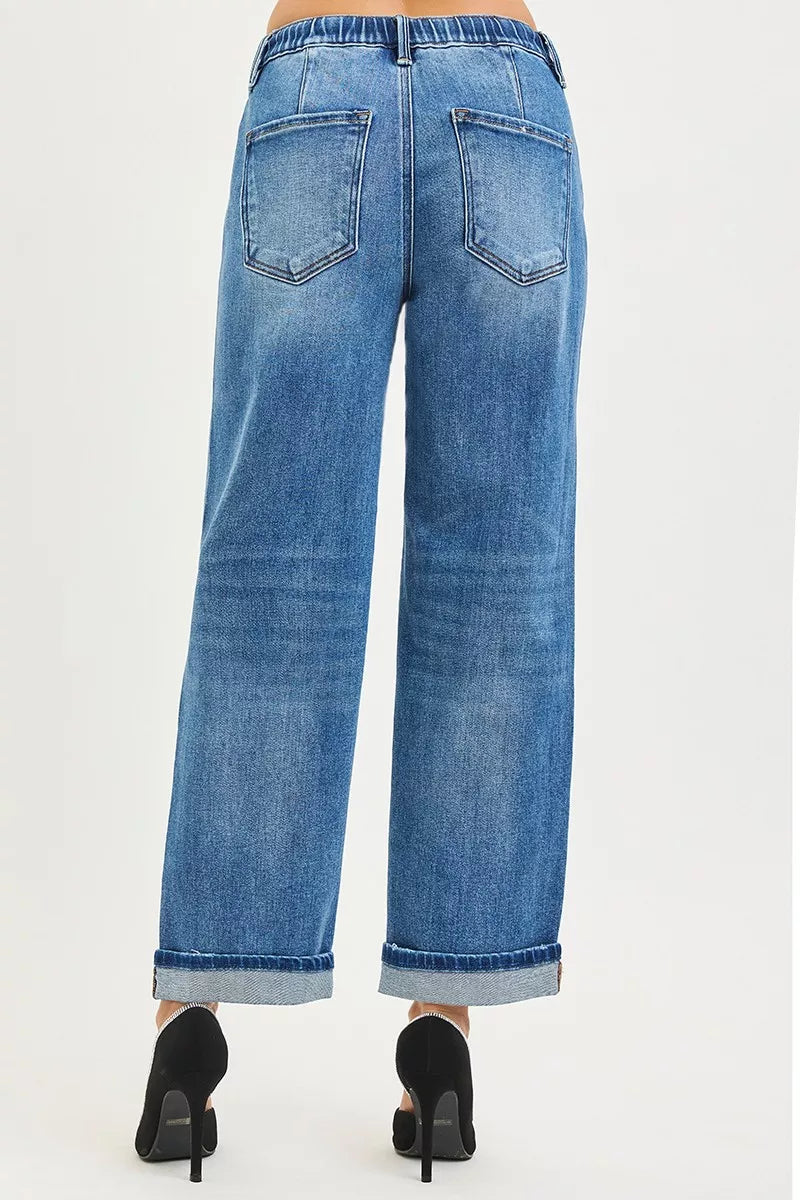 Medium Risen Elastic Band Slouch Ankle Boyfriend Cuffed Hem Jeans