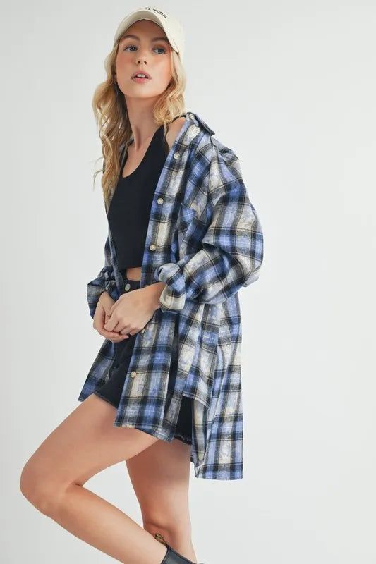 Aemi Co Washed Plaid Button Up Raglan Sleeve Flannel Shirt