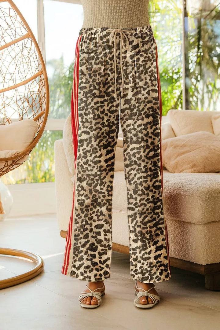 Bibi Leopard Print Pants With Side Contrast And Tucking Welt Pocke