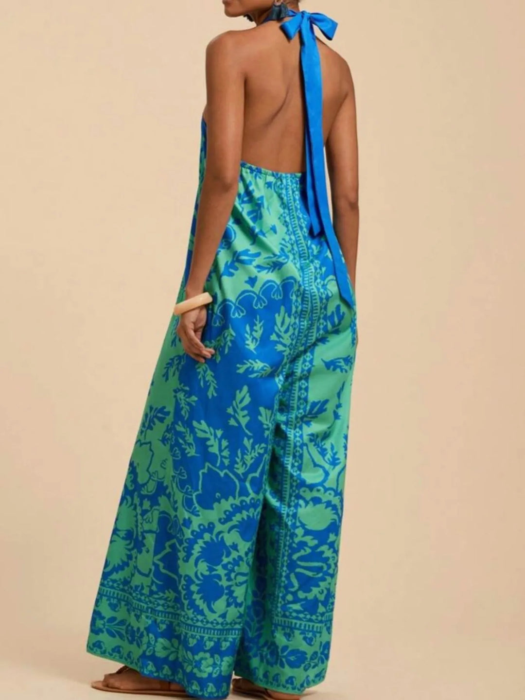 Sky Blue Printed Halter Wide Leg Jumpsuit