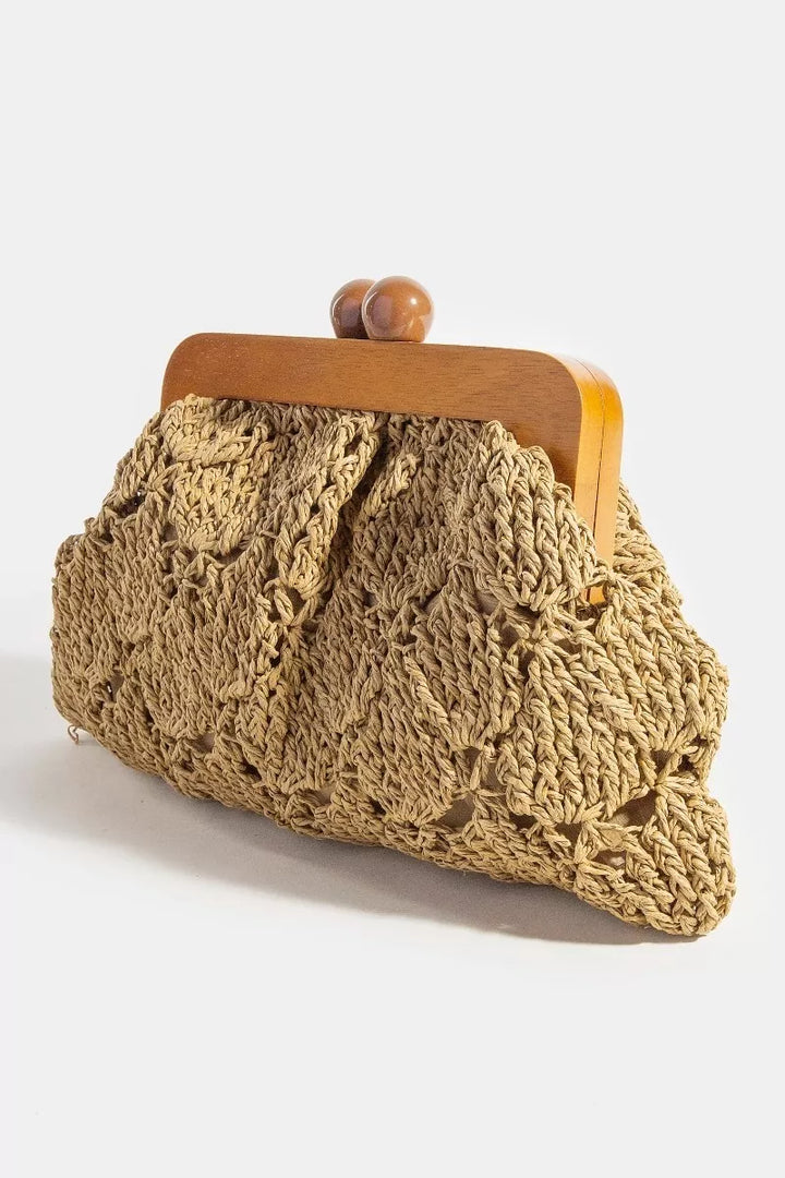 Iv Fame Straw Braided Wooden Frame Clutch Bag