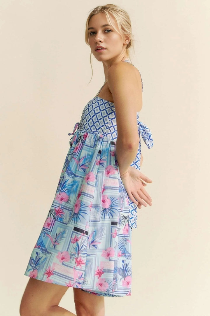 Davi Dani Tropical Floral Geo Print Tie Back Tube Top Romper