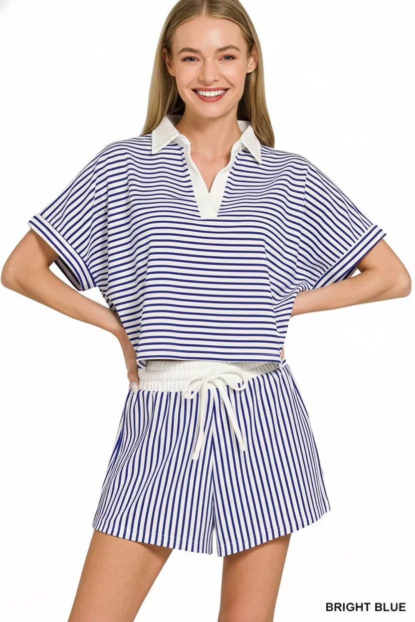 Bright Blue Zenana Striped Collared Top Shorts Set 3