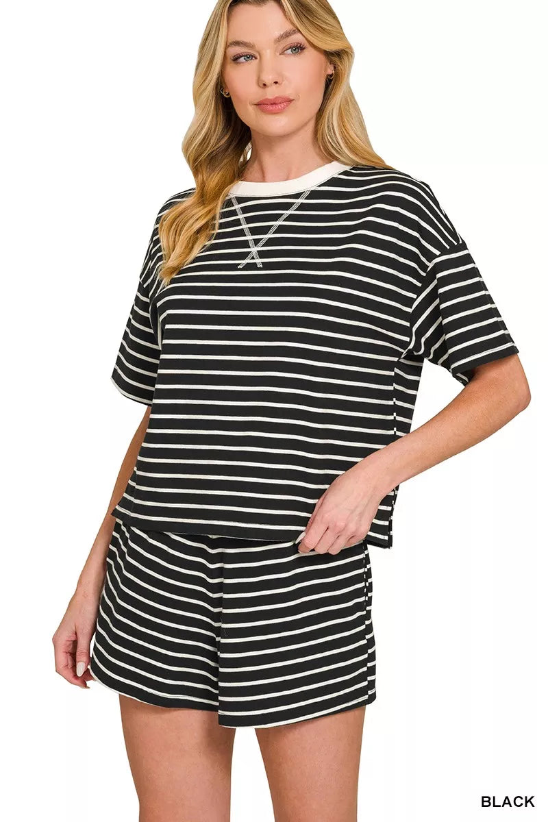 Black Zenana Striped Round Neck Tee Shorts Set