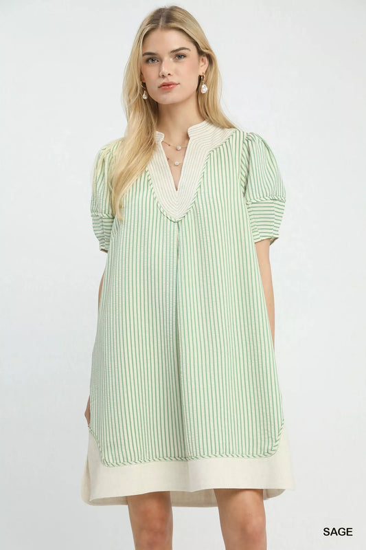 Sage Umgee Pinstripe Shift Dress With Contrast Trim