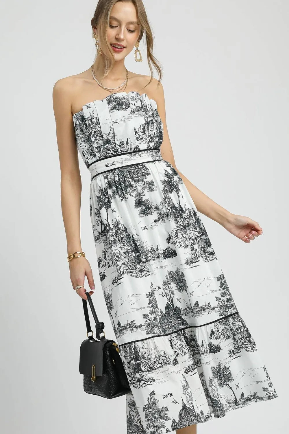 Black Umgee Printed Tiered Tube Midi Dress 1