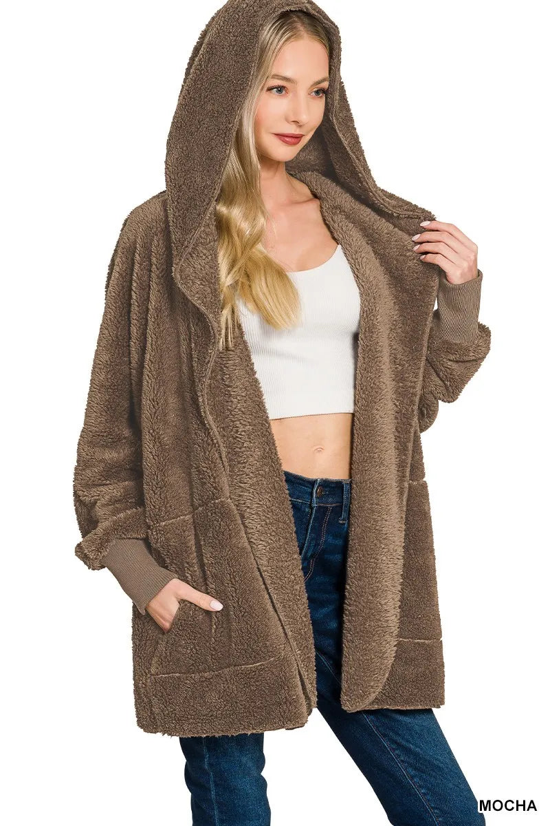 Mocha Zenana Hooded Faux Fur Jacket With Pockets 1