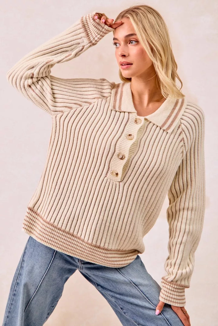 Bibi Half Button Ribbed Two Tone Sweater
