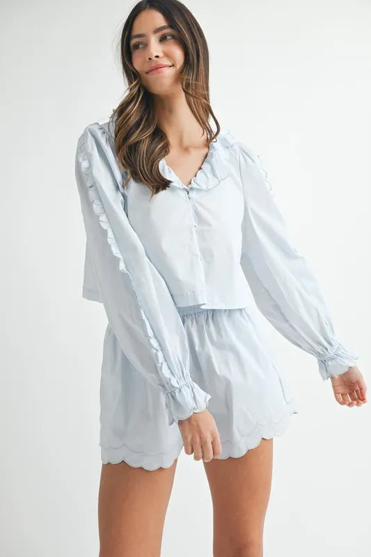 Lt Blue Mable Long Sleeve Scallop Blouse And Shorts Set