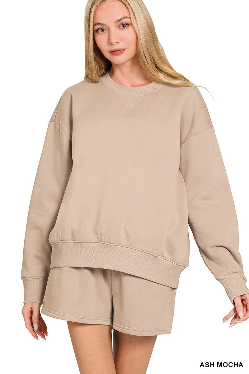 Ash Mocha Zenana Fleece Long Sleeve Sweatshirts Shorts Set