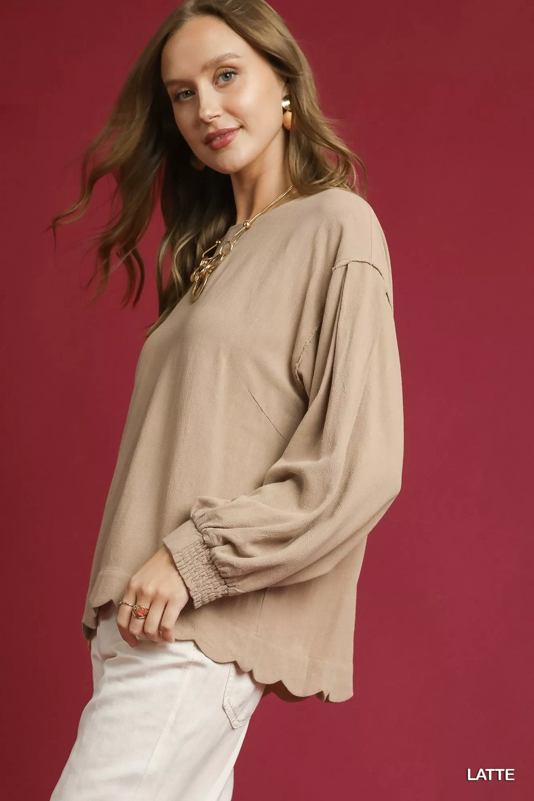 Latte Umgee Linen Scallop Hem Long Sleeve Blouse