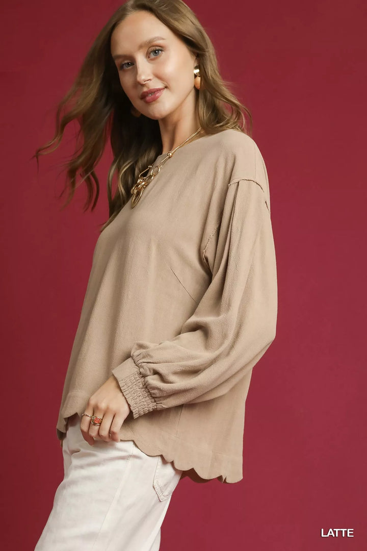Latte Umgee Linen Scallop Hem Long Sleeve Blouse