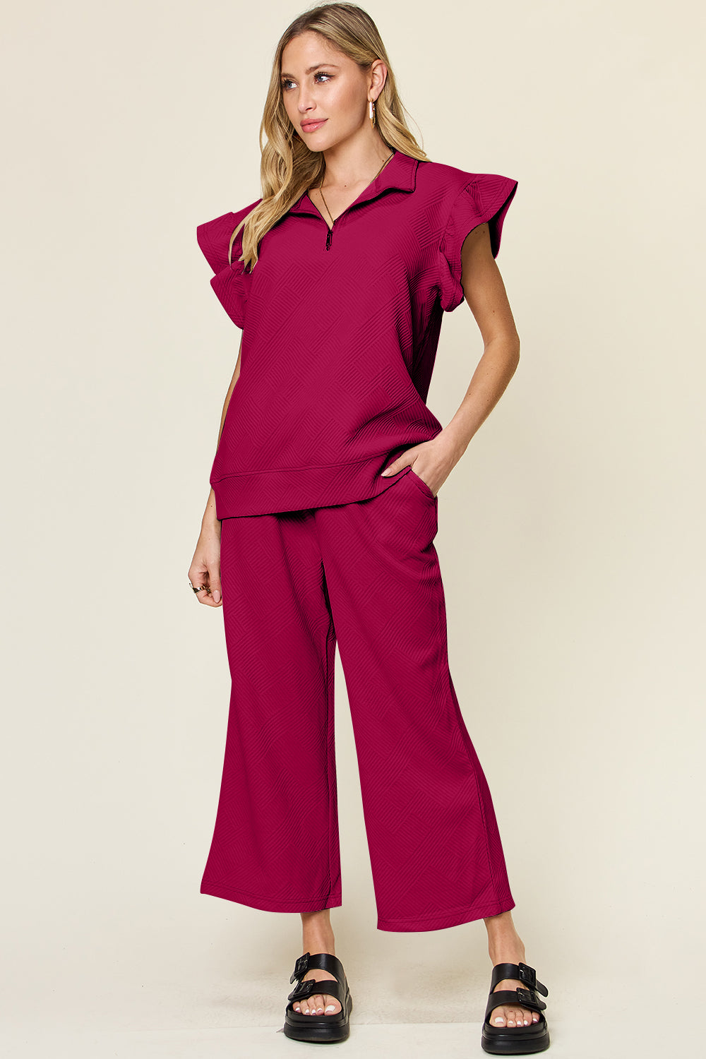 Royal Blue Double Take Texture Ruffle Short Sleeve Top And Drawstring Wide Leg Pants Set