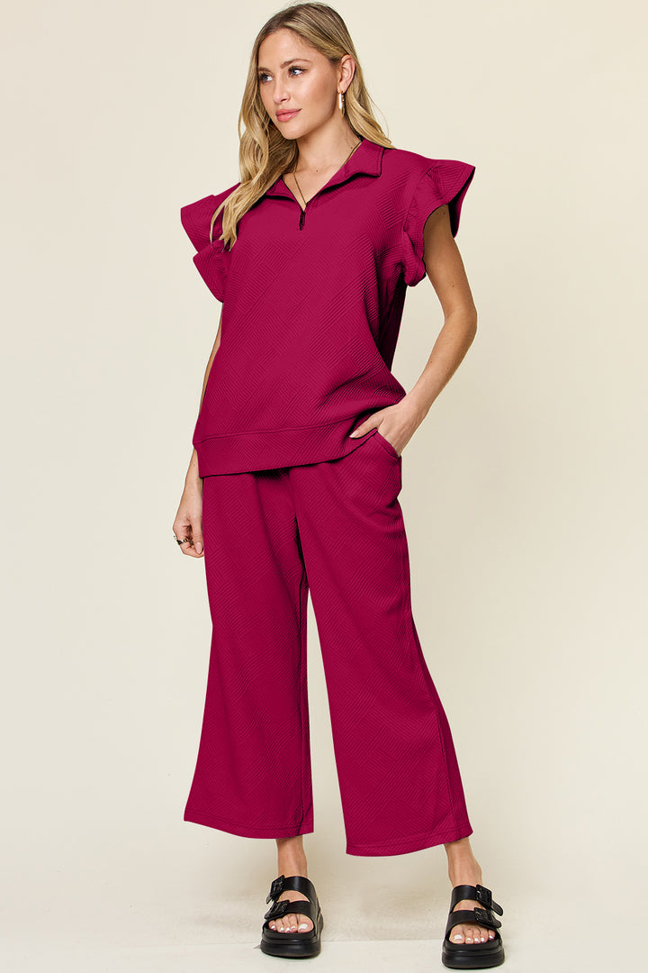 Royal Blue Double Take Texture Ruffle Short Sleeve Top And Drawstring Wide Leg Pants Set