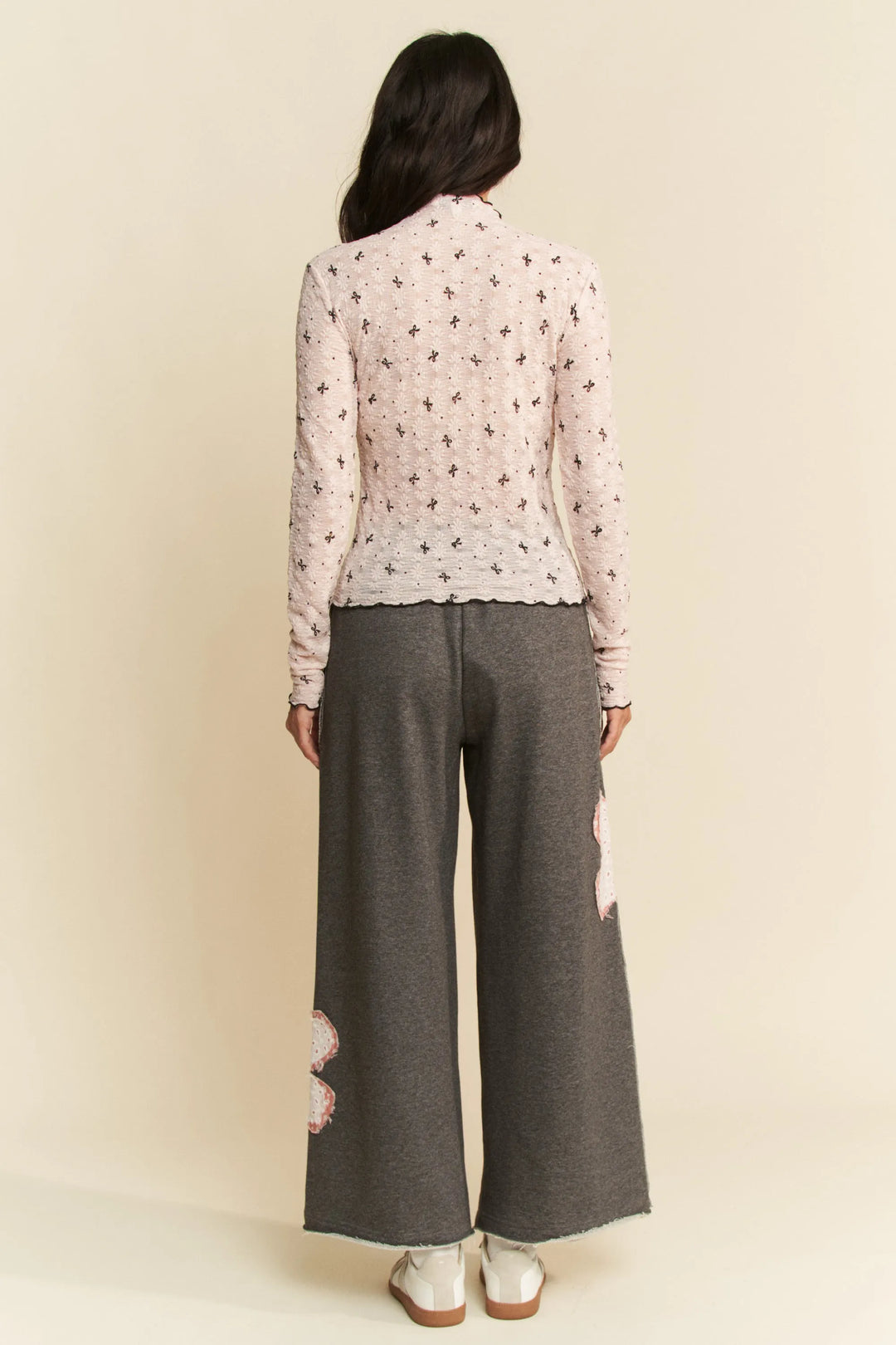 Davi Dani Ribbon Bow Lace Hem Long Sleeve Mesh Layering Top