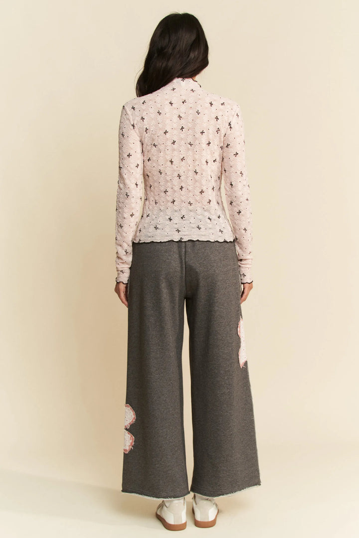 Davi Dani Ribbon Bow Lace Hem Long Sleeve Mesh Layering Top