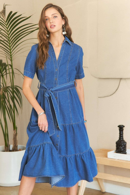 Dark Adora Tiered Button Down Tie Waist Short Sleeve Denim Dress