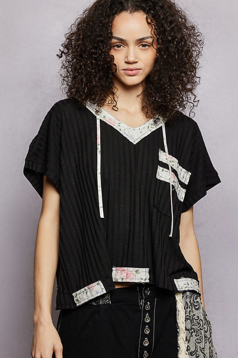 Black Pol Short Sleeve Hooded Top With Back Open Detail 1