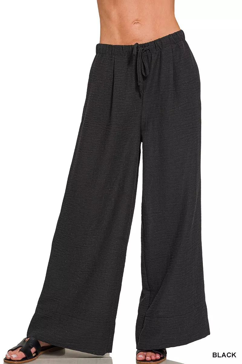 Black Zenana Woven Airflow Drawstring Pants 2