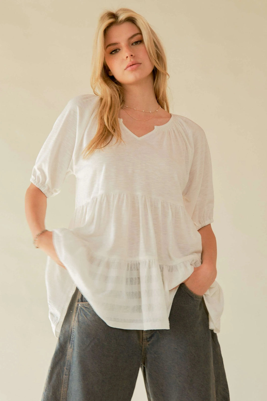 White Davi Dani Ruffled Flared Short Sleeve V Neck Blouse