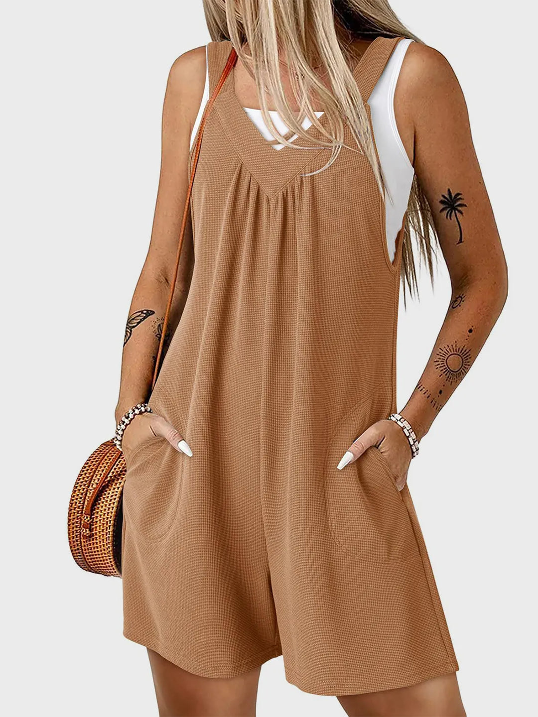 Coffee Brown V Neck Wide Strap Romper