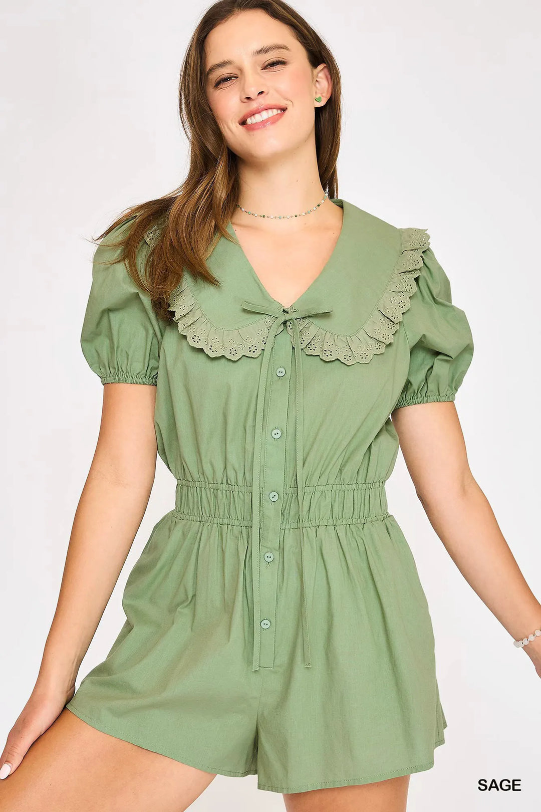 Sage Umgee Collared Short Sleeve Button Down Romper 1