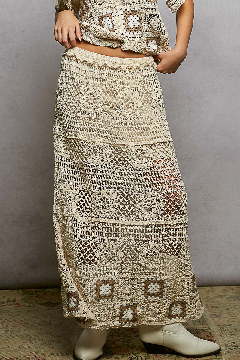 Natural/Camel Pol Floral Crochet Ruffled Waistband Maxi Skirt With Granny Square Weave