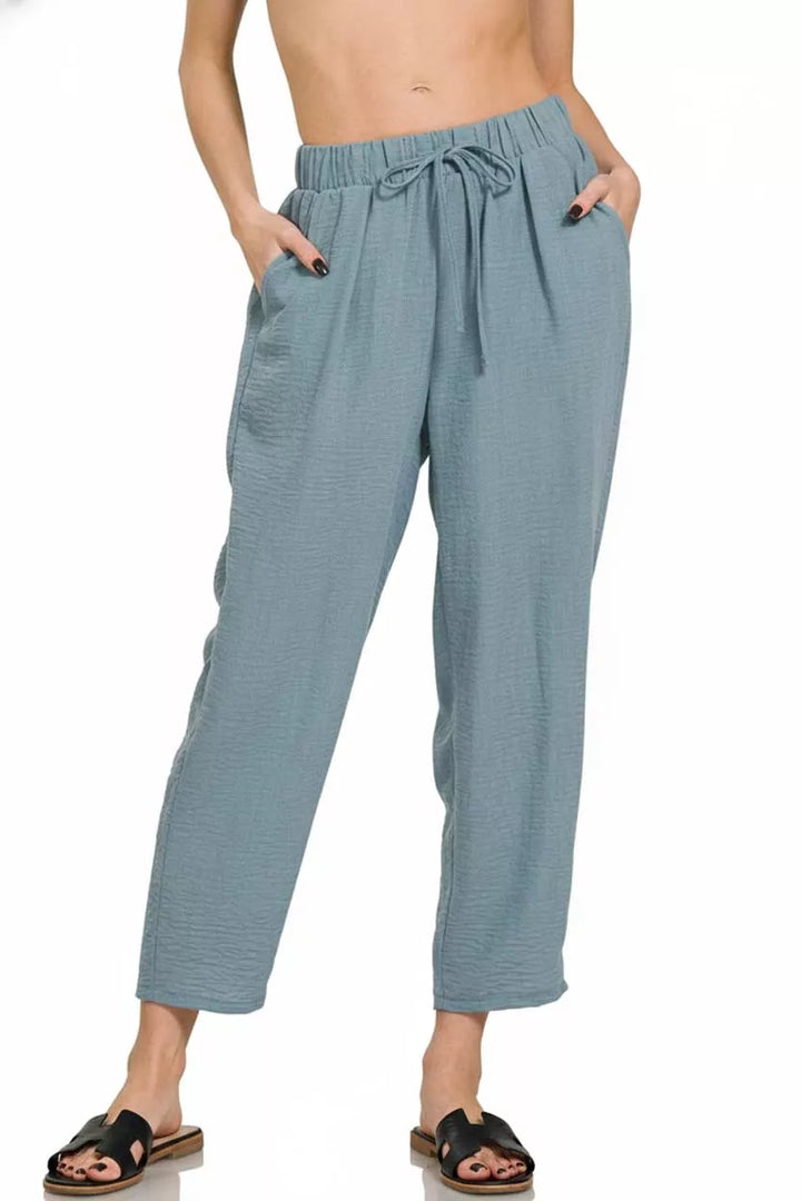 Blue Grey Zenana Woven Crepe Elastic Band Waist Pants 4