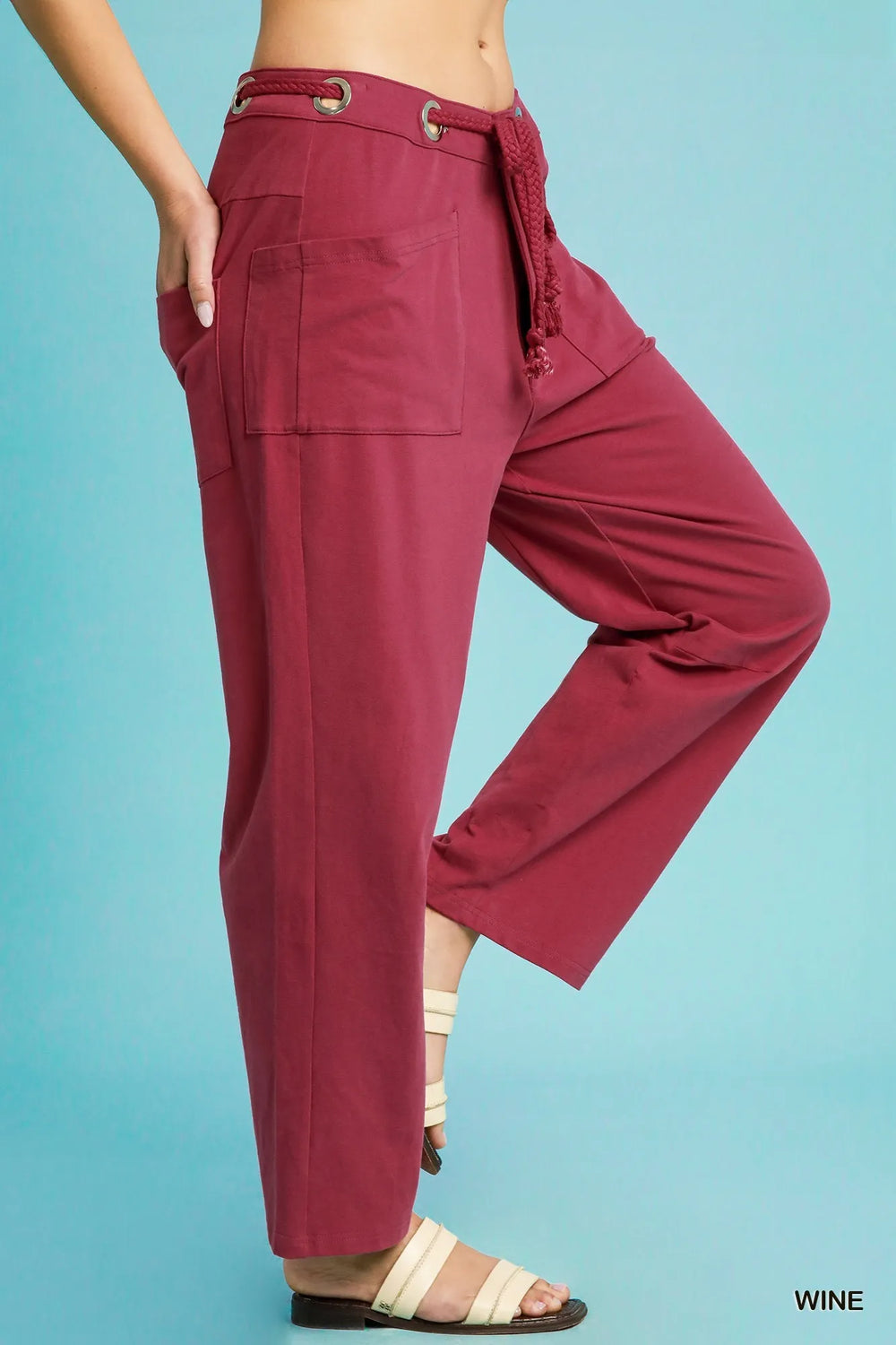 Wine Umgee Drawstring Wide Leg Casual Pants 1