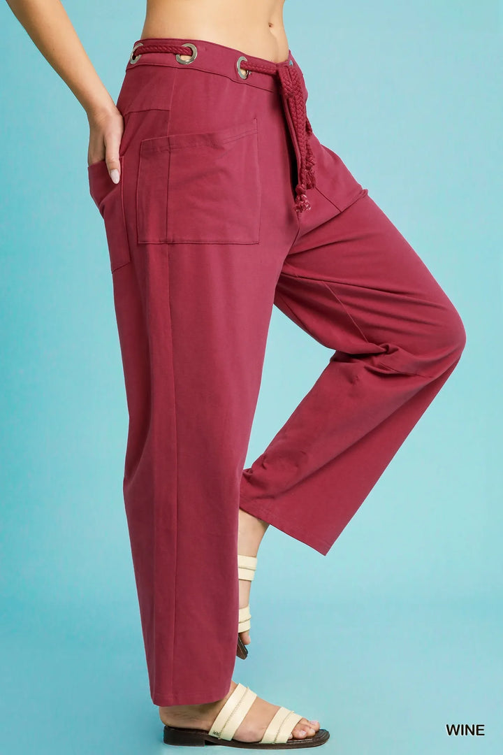 Wine Umgee Drawstring Wide Leg Casual Pants 1