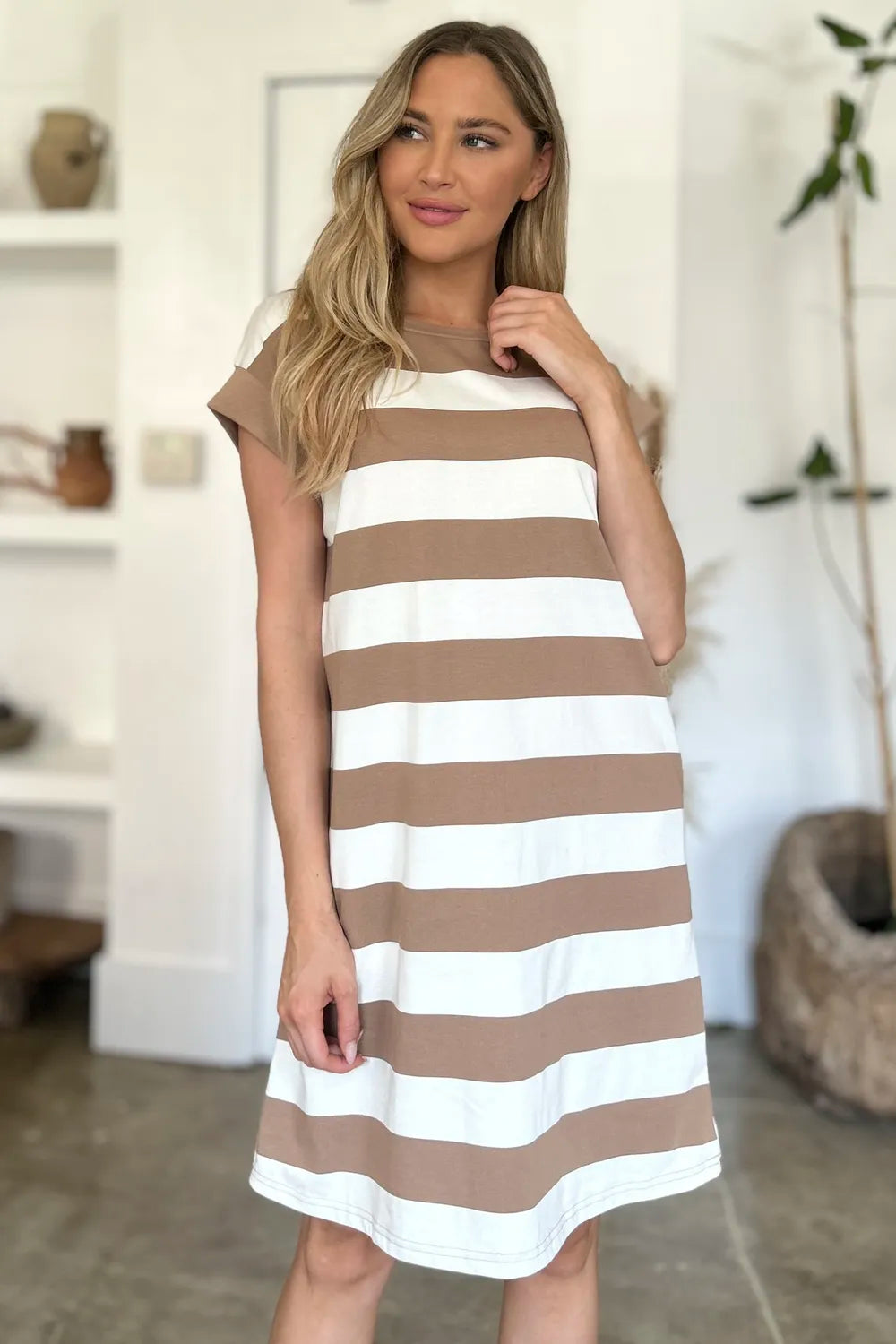 Camel Basic Bae Full Size Striped Round Neck Cap Sleeve Mini Dress