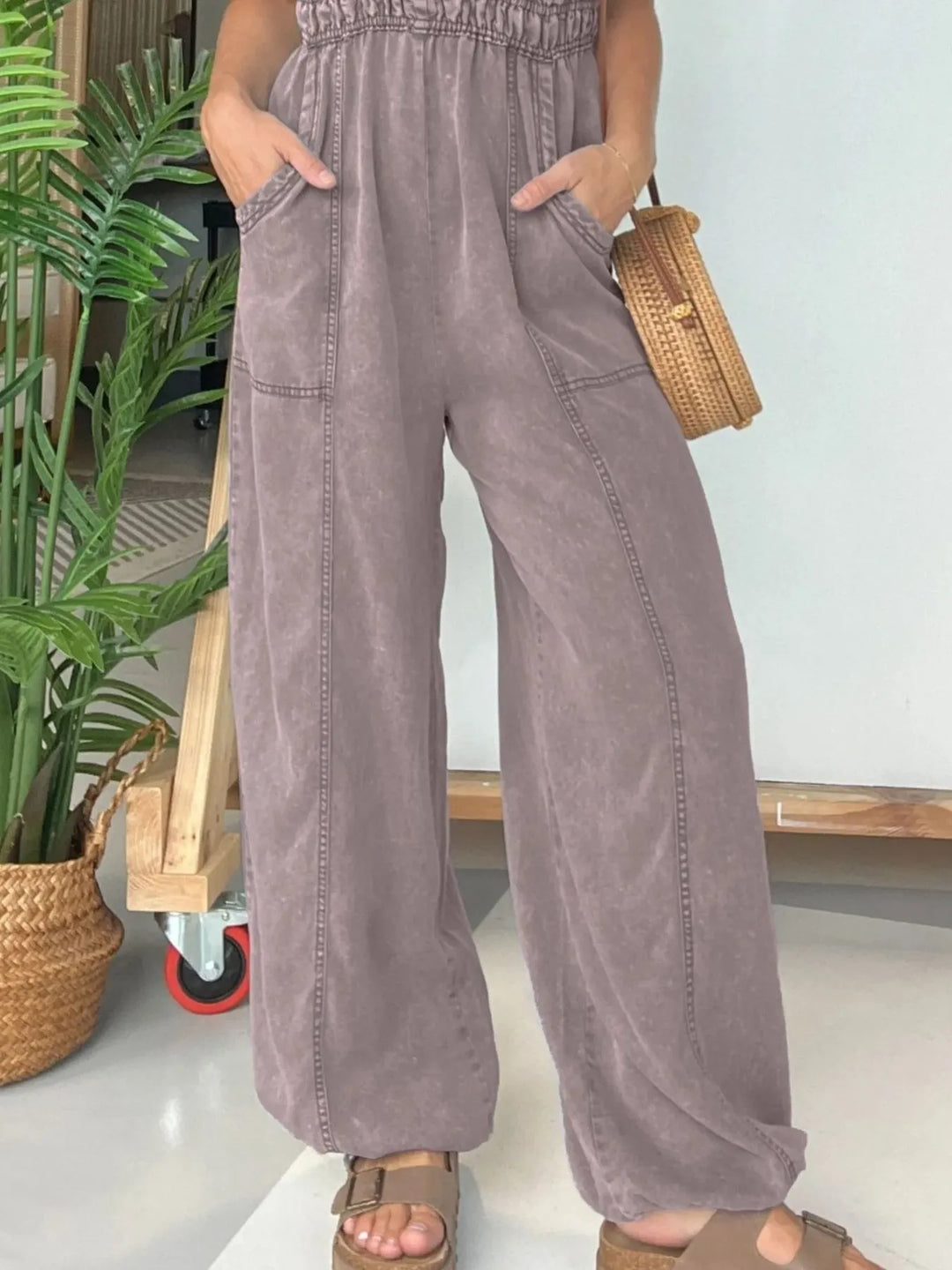 Gray Pink Full Size Wide Leg Spaghetti Strap Jumpsuit Plus Size